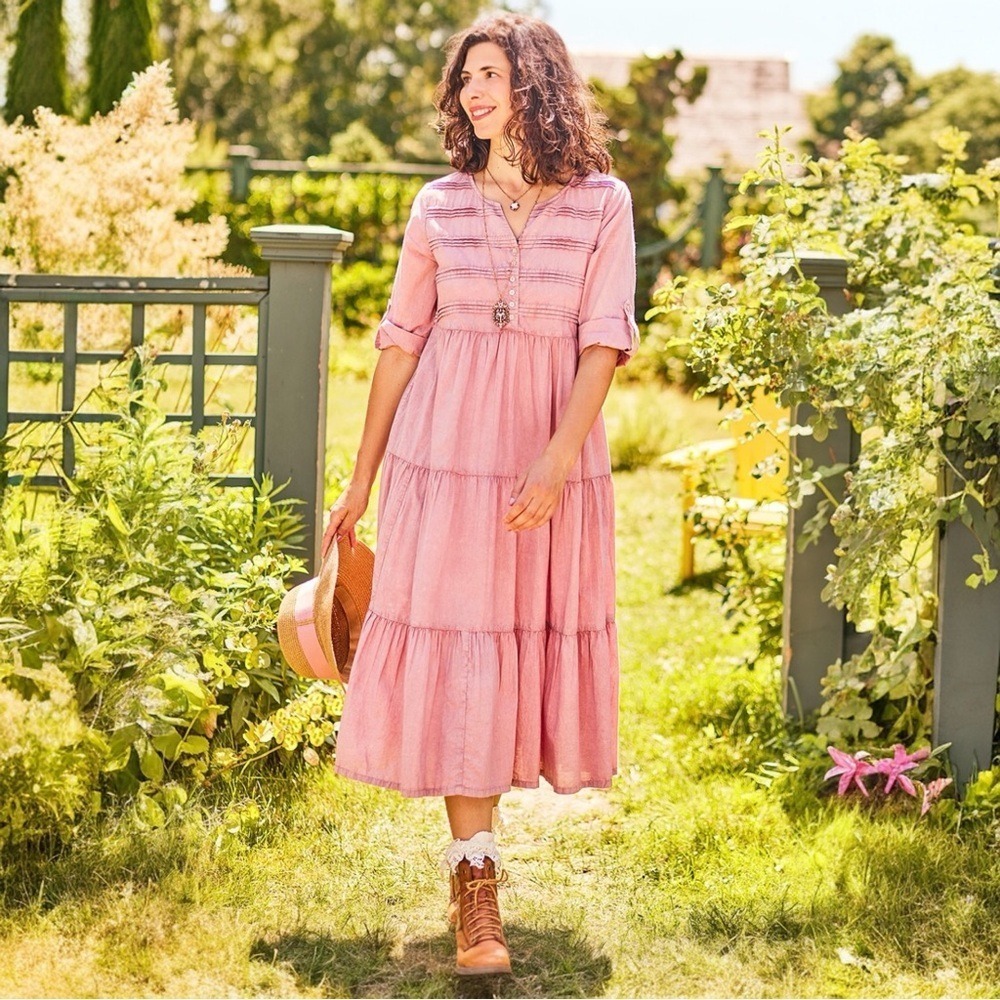 April Cornell Dusty Pink Tiered Midi Dress Cottagecore Boho Medium